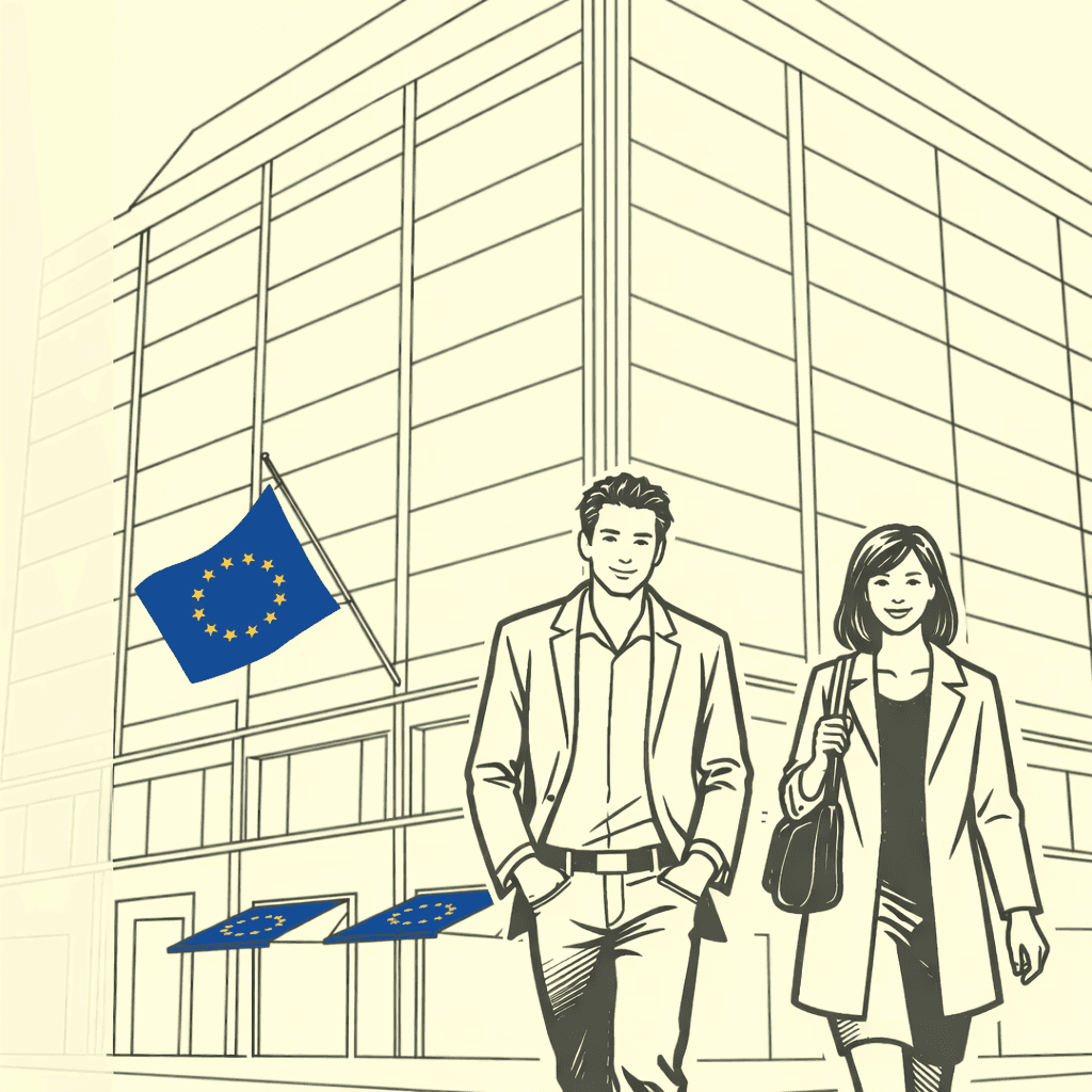 Illustration in clear-line style: two people walking toward the viewer in front of a modern EU institutional building with blue and yellow EU flags, on a cream background.